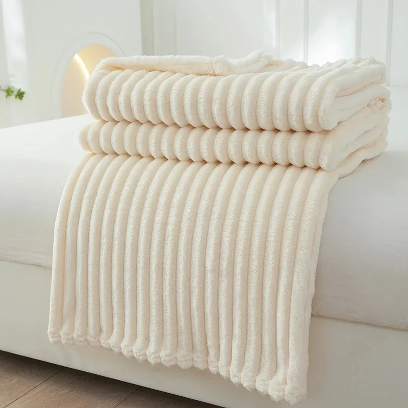 Wide Striped Solid Blanket Flannel Fleece Soft Adult Bed Cover Winter Warm Stitch Fluffy Bed Linen Bedspread for Sofa Bedroom