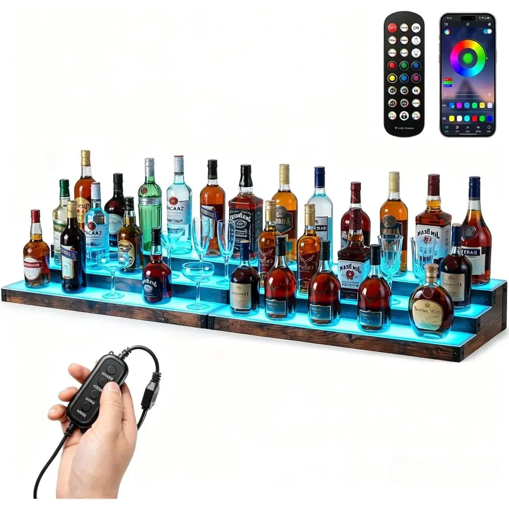 

Трехуровневая LED-подсветка для витрины с бутылками алкоголя - общая длина 60 дюймов, RGB-подсветка для барной стойки с управлением по Wi-Fi и приложению, 7 статических цветовых режимов и музыкальный режим.