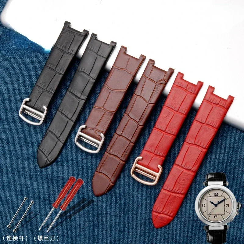 Genuine Leather Watch Band for Cartier Pasha 20x12 Series Thin Soft Comfortable Notch Women Black Watch Strap Accessories20 12mm