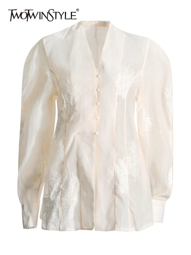

TWOTWINSTYLE Solid Elegant Embroidery Shirt For Women V Neck Long Sleeve Patchwork Button Temperament Blouses Female Style New