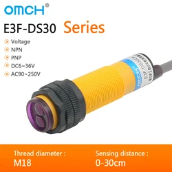 OMCH E3F-DS30 M18 diffuse photoelectric switch sensor switch DC 4-WIRE PNP NO NC detection range 10-30cm adjustable