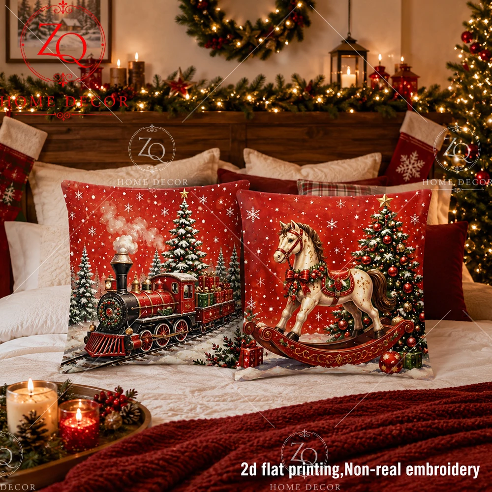 2D Flat Printed Christmas Cushion Cover Soft Peach Skin Train Pillowcase Rocking Horse Throw Pillow Case For Couch Sofa Bed Car