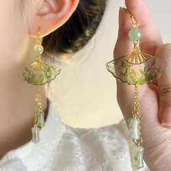 Transparent Folding Fan Earrings for Women Green Bamboo Pendant Ear Stud Unique Tassel Dangle Ethnic Style Jewelry Gift New 2024