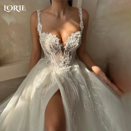 LORIE-vestido de novia de encaje elegante, apliques de hendidura, flores 3d, escote en forma de corazón, vestido de novia de princesa brillante, vestido de fiesta personalizado con lentejuelas