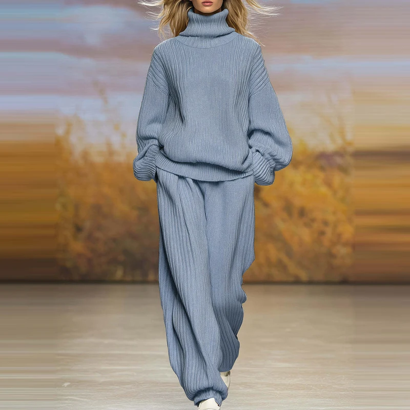 

Свободный комплект брюк с карманами, базовый топ с высоким воротником и длинными рукавами, комплект брюк, удобный мягкий свитер, однотонный комплект из двух предметов