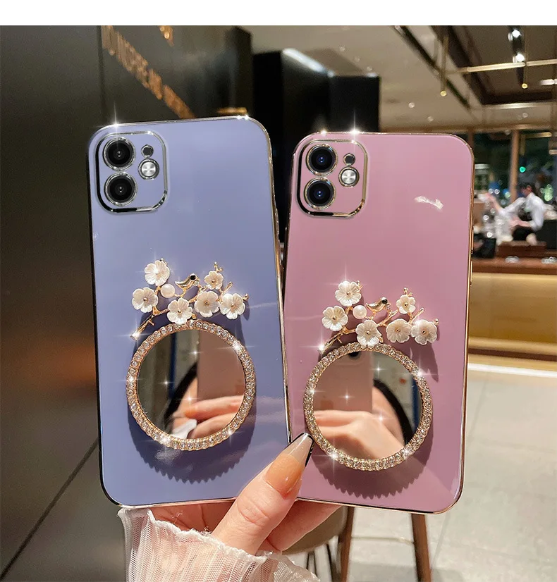 Women Girly Flower  Makeup Mirror Diamond Glitter Luxury Phone Case Cover For iPhone Xs Max 11 12 13 14 15