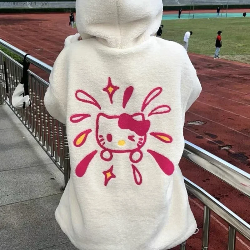 Sanrio Hello Kitty Clothes New Lamb Plush Zipper Top Shirts Hooded Y2k Cute Loose Coat Women Fashion Embroidered Cardigan Hoodie