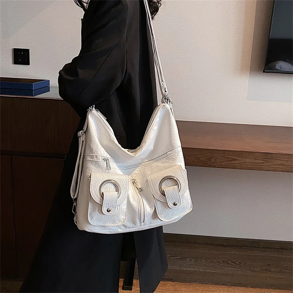 2023 Vintage Solid Color Korean Casual Shoulder Underarm Tote Bag Sling Bags Multiple Pockets Leather Purses Handbags Women Sac