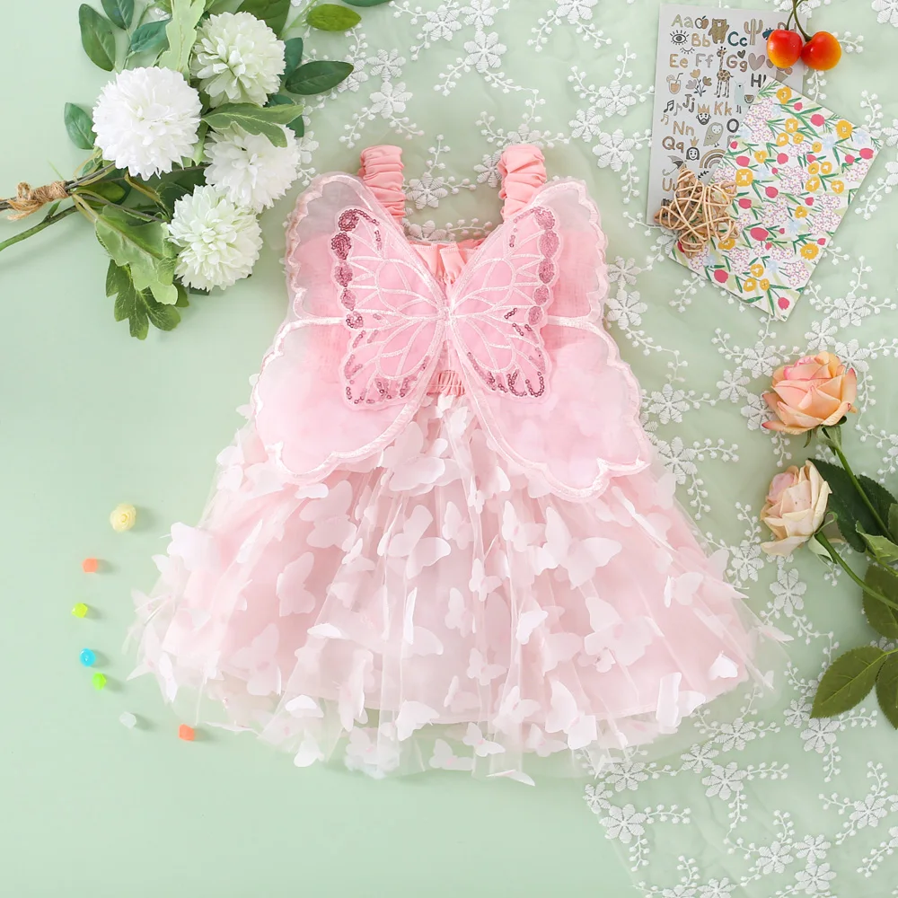 Summer Beach Birthday Party Baby Girl Princess Dress For Young Children 3d Fairy Butterfly Wings Suspender Mesh Cute Dress