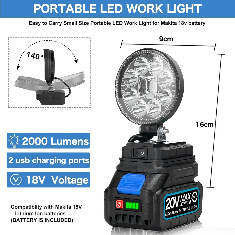 Imagem -02 - Trabalho ao ar Livre Pesca Destaque Portátil Ferramenta de Emergência Luz com Portas Carregamento Usb Destaque Holofote para Makita 18v Bateria