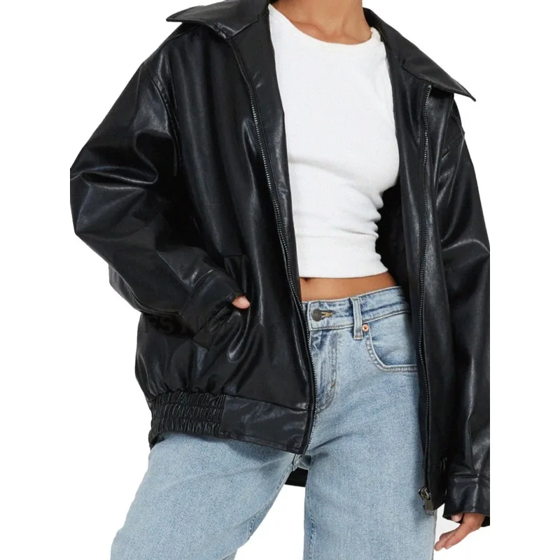 Spring Autumn Motorcycle Leather Jacket Tops Women Lapel Zipper PU Leather Coat Casual Loose Varsity Jacket Streetwear Design