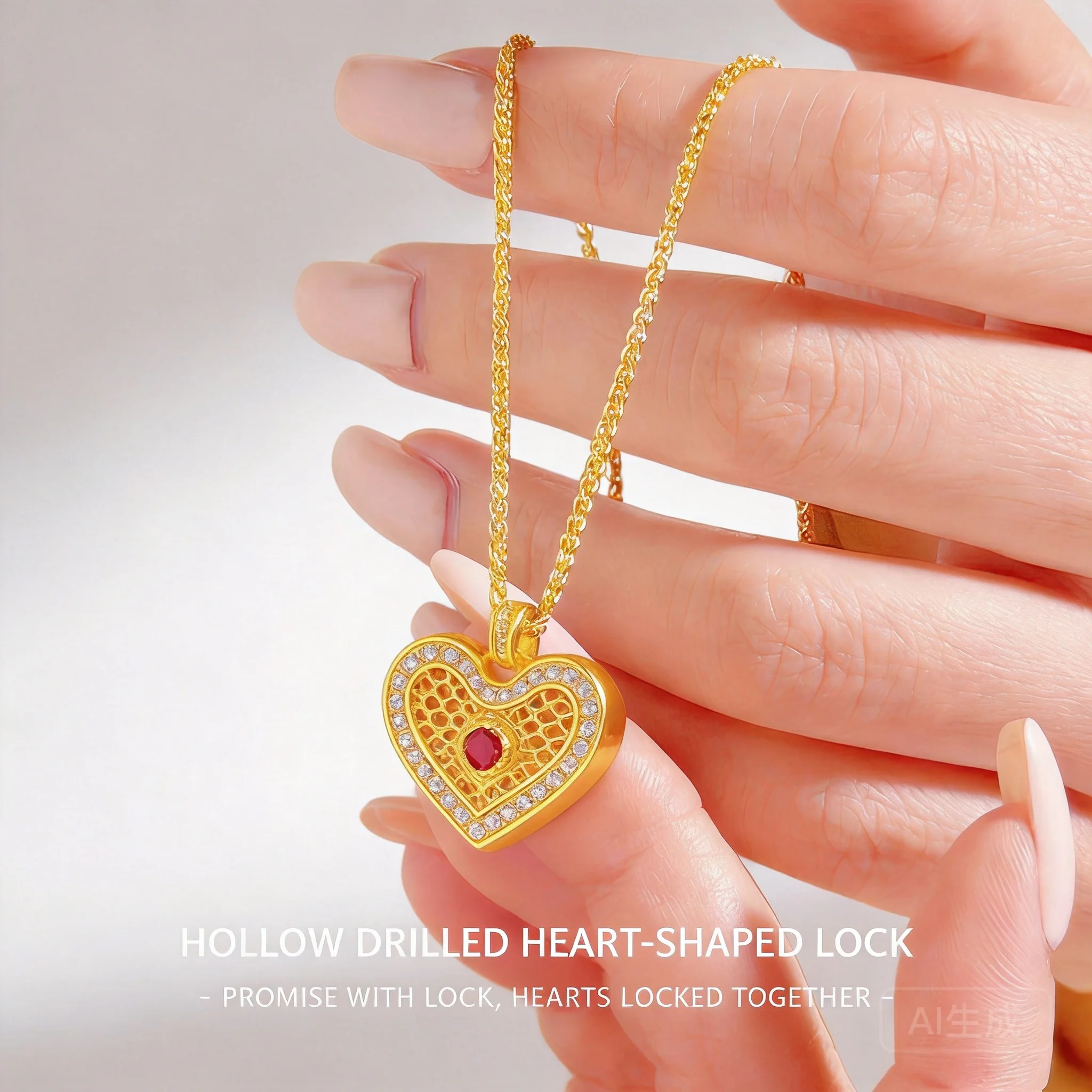 

Chinese Style Auspicious Blessing Attract Wealth Gold Plated Hollow Rhinestone Inlaid Hidden Heart Safety Lock Pendant Necklace