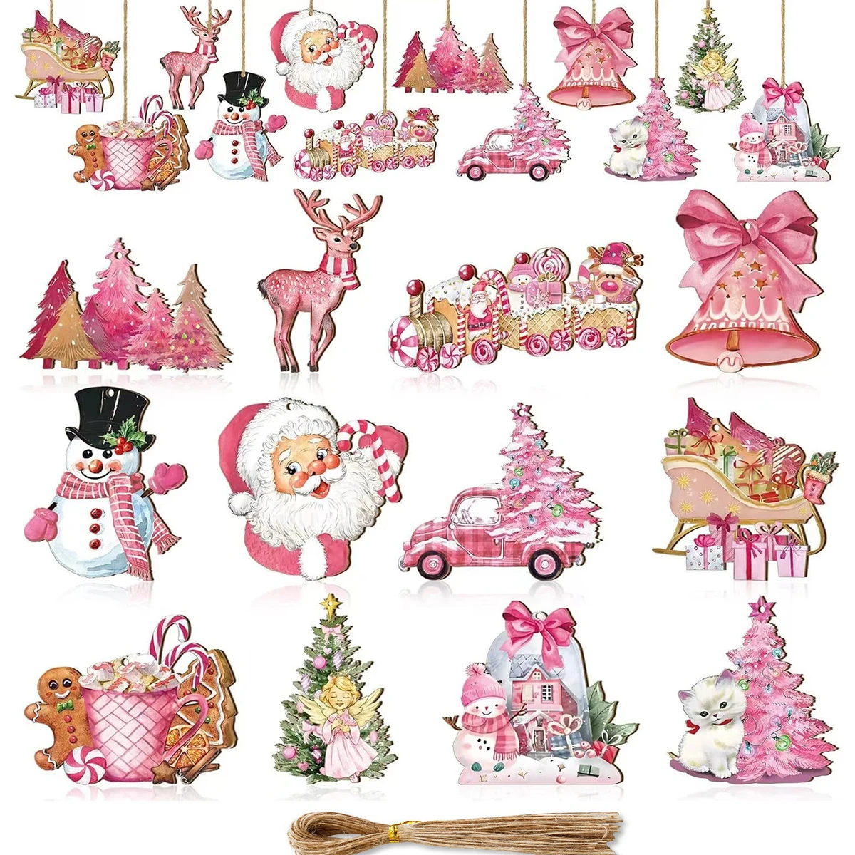 12pcs Pink Series Christmas Wooden Pendant Cartion Santa Claus Deer Snowman Hanging Ornament for Xmas Tree Decor New Year Gifts