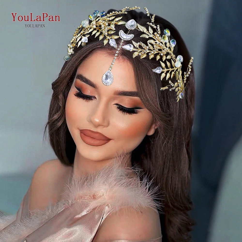 

YouLaPan Luxury Alloy Leaf Gold Color Baroque Bridal Crown Tiara Crystal Wedding Headband Princess Bride Hair Accessory HP944