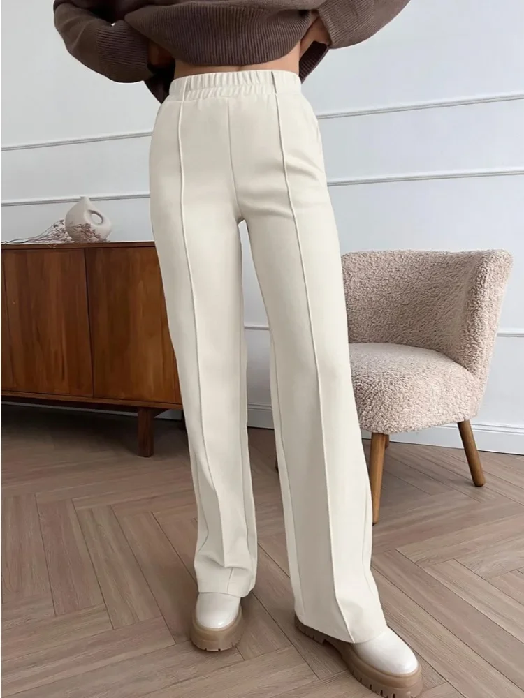 HOUHZOU Women's Winter Pants Thick Warm Loose Classic Long Wide Leg Trousers Thermal Brown Beige Wool Long Pants for Women 2024