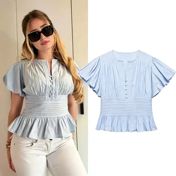 Ladies Chiffon Blouse Shirt Women Split Neck Single Breasted Puff Sleeve Ruffle Hem Top Elegant Casual Chic Summer Outfits Women