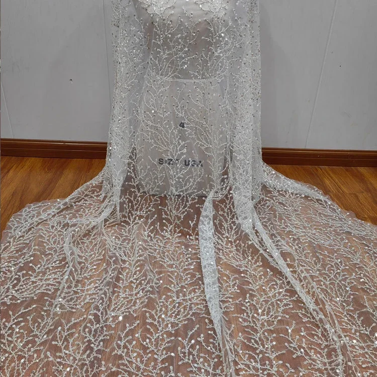 Classic Forest Style Long Branch and Leaf Style Silver Sequin Wedding Dress DIY Lace Fabric