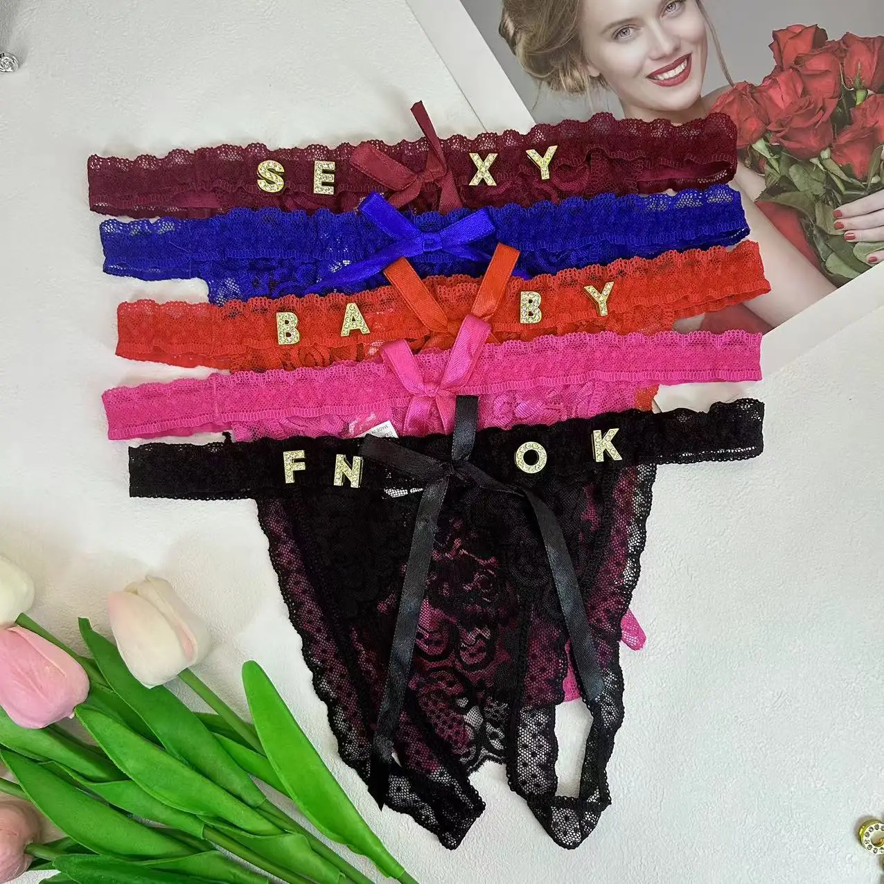 

Sexy 6 Colors Name Lace Panties Custom Thong for Women Personality Crystal Letter Name Panties Breathable Bowkont Underwear Gift