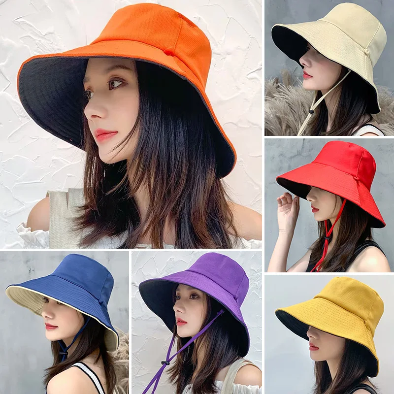 Summer Sun Hat Reversible Bucket Caps Fisherman Hat Women Fishing Outdoor  Anti-UV Wide Brim Sunscreen Beach Hat Panama Visor