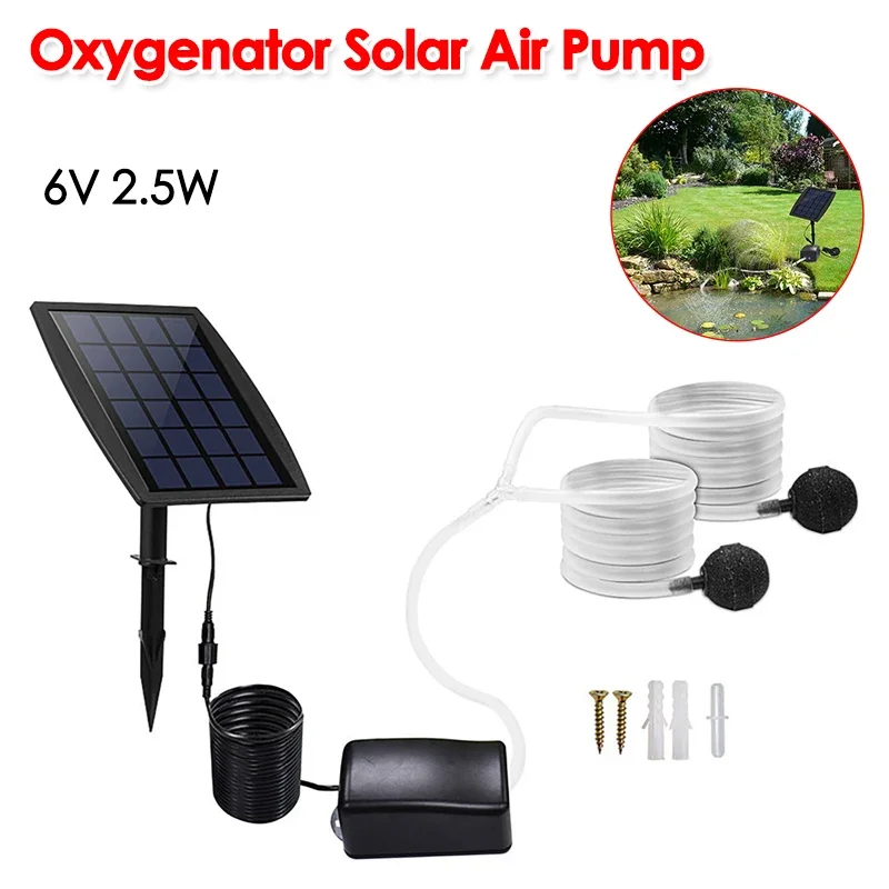 

6V 2.5W Ground-Mounted Solar Oxygen Pump Air Pump Kit for Aquarium Fish Tank Oxygenator Aerator with Air Bubble Stones