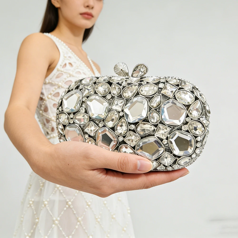 

Большая женская свадебная сумочка WHTUOHEN, вечерний клатч с кристаллами и стразами, минодье с серебряными камнями для вечеринок и выпускных вечеров