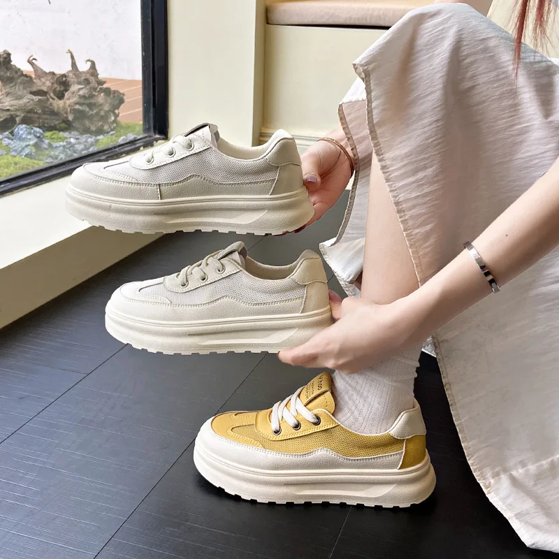 

Vintage Shallow Mouth White Shoes for Women Spring New Lace-up Thick Sole Casual Versatile Breathable Hollow Casual Shoes