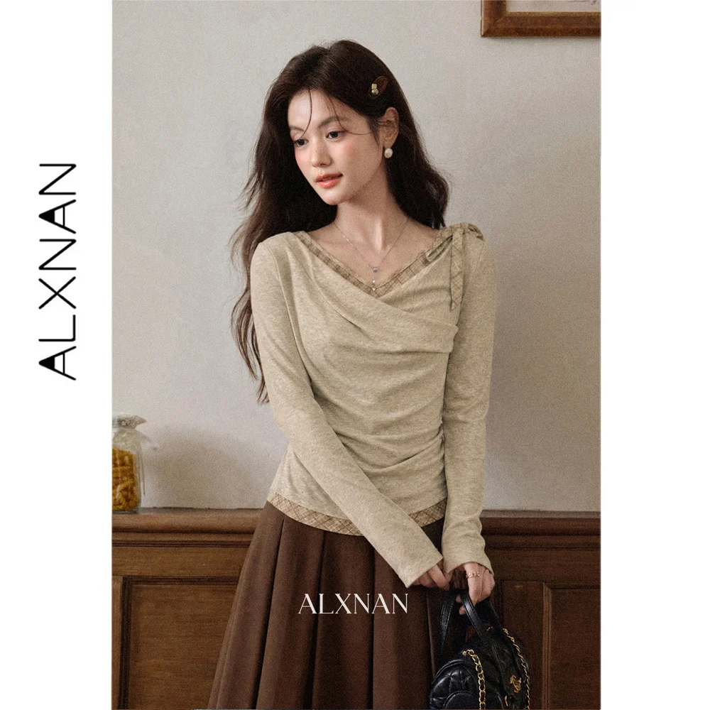 ALXNAN Women's Faux Layered Cross V-Neck Long Sleeve Knit Top Slimming Commuter Minimalist Autumn 2026 Clothing DYL663171