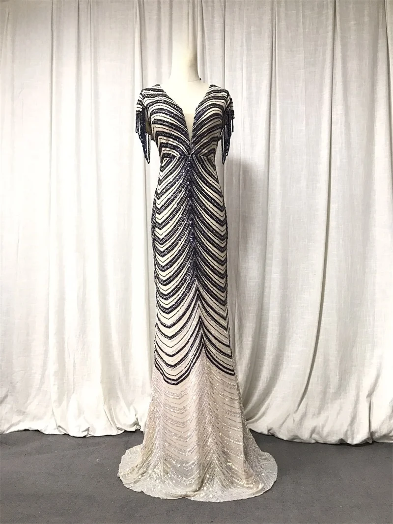 

Sexy Long Evening Gown Beaded Flower Craft Party Wedding Dress for Toasts Polyester Fiber Ladies Formal Dresses