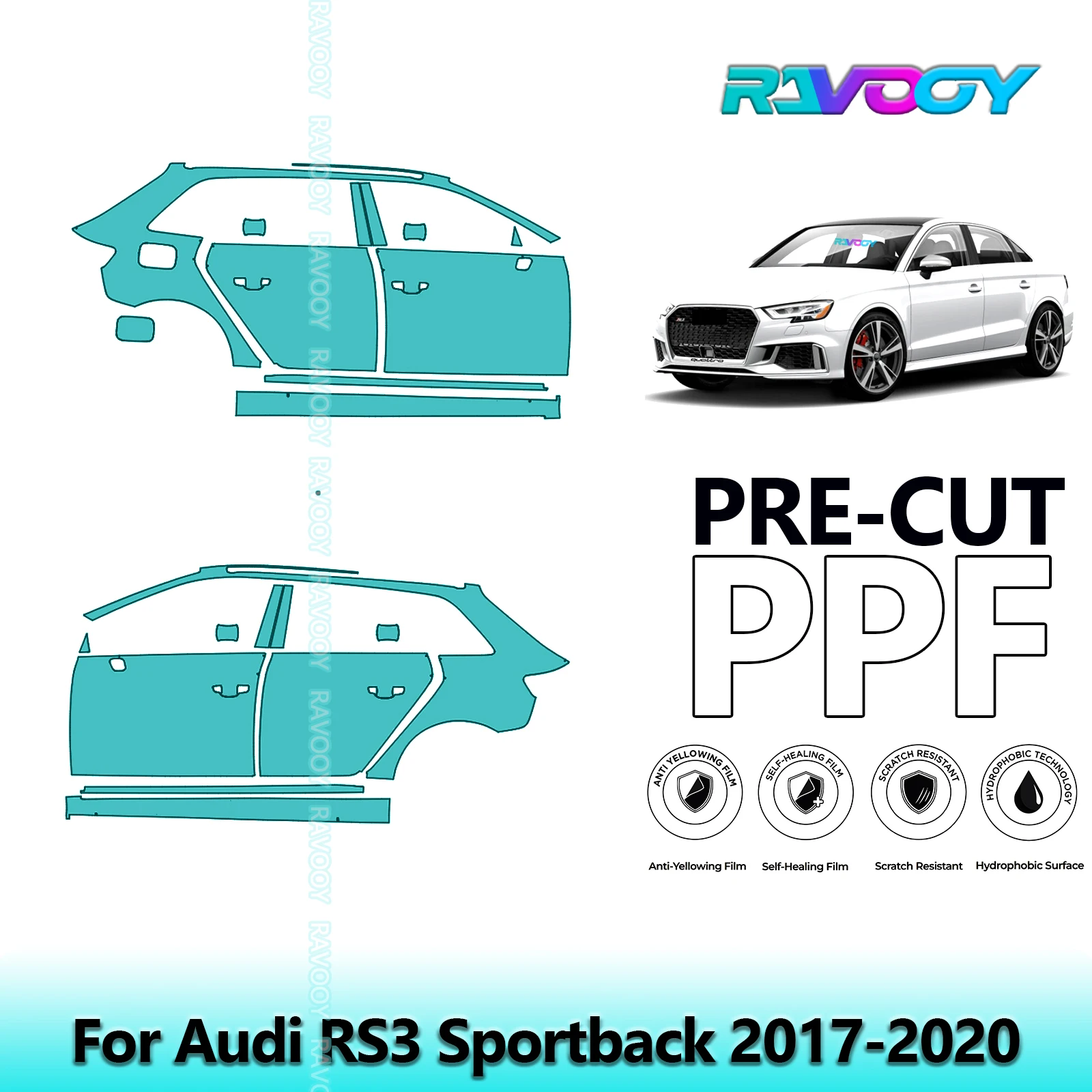 

For Audi RS3 Sportback 2017-2020 8.5mil Clear Matte Pre-Cut PPF Door & A/B Pillar Kit TPU Paint Protection Film Set