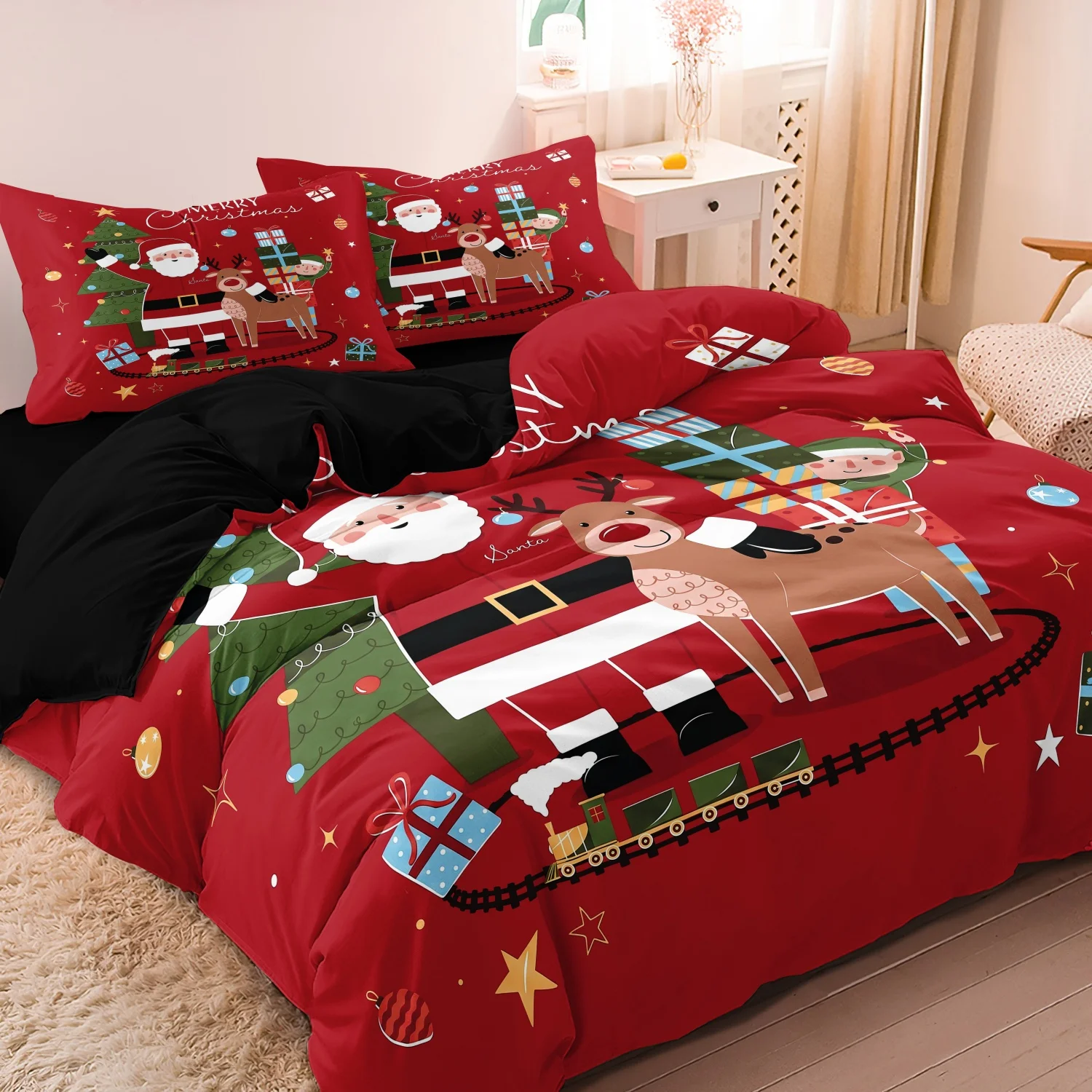 3Pcs Santa Reindeer Duvet Cover Set, Red Christmas Santa Train Gift Box Christmas Tree Pattern Bedding, Multiple Sizes Available