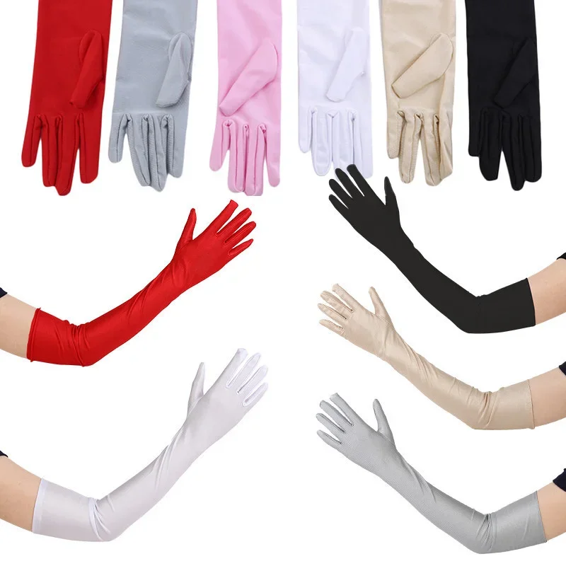 Elegant Satin Long Gloves for Women Vintage Opera Party Wedding Dress Up Accessories Stretchy Formal Evening Gloves Wrist Hand