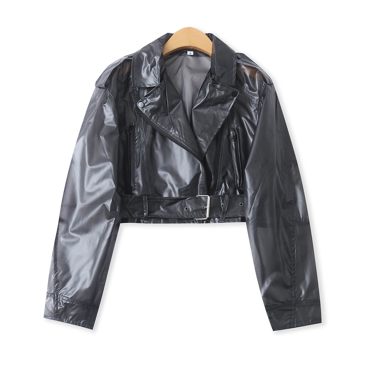 Waterproof Jacket Outerwear Spring New Women's Fashion Turn-down Collar Slant Zipper Long Sleeve Transparent Stage Costume