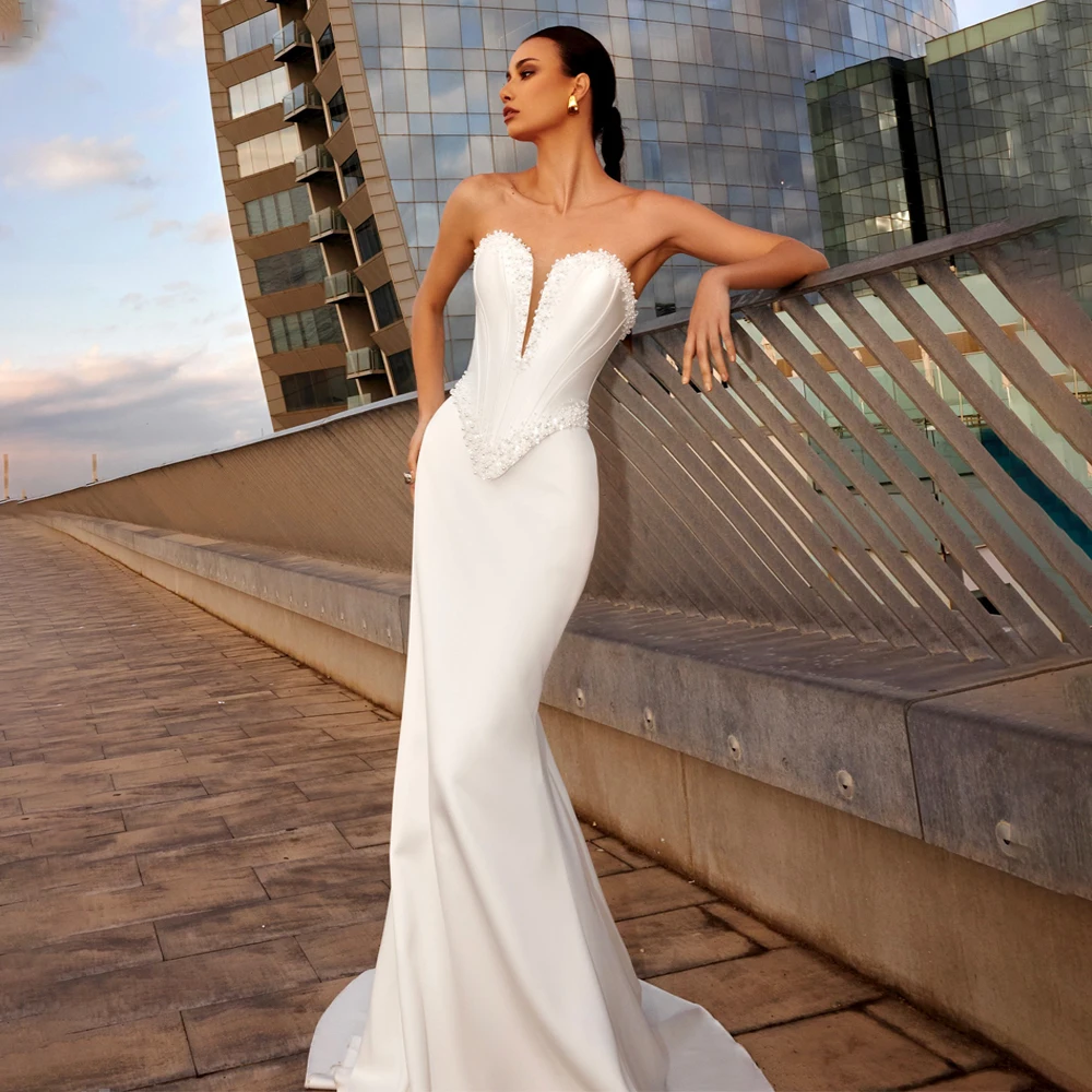 High Quanlity Sweetheart With Peals Wedding Dresses Backless Sweep Train Custom Made Mermaid Bridal Dress amanda novias official
