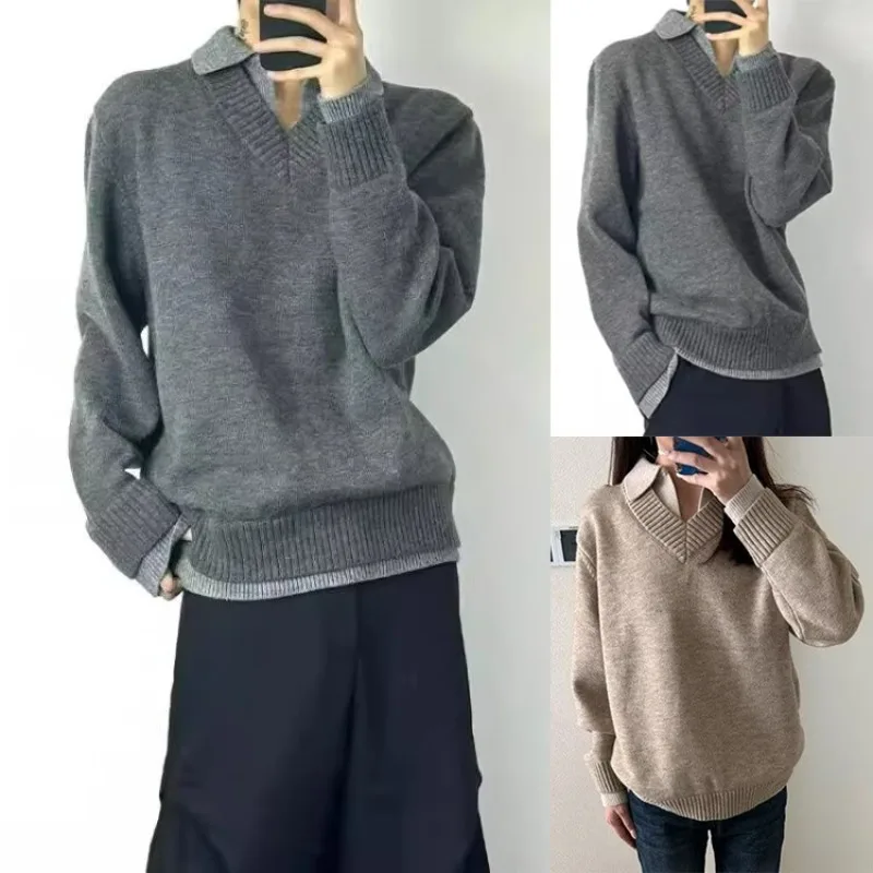 Fake Two-piece Knitted Sweater Men's POLO Shirt Lapel V-neck Autumn And Winter Coat