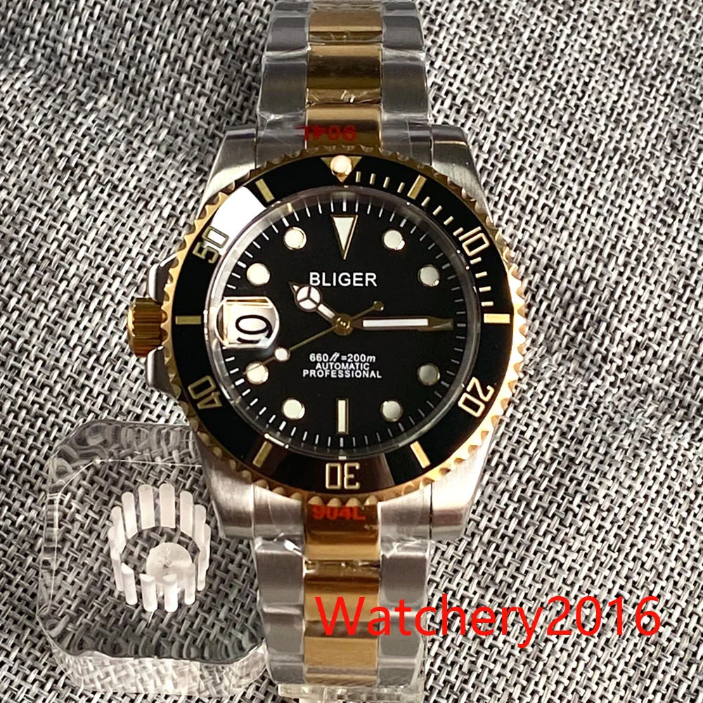 40mm Bliger Left Crown Black Dial Blue Red Bezel NH35A Automatic Movement Model Mens Watch Sapphire Glass two-tone Luminous Hand