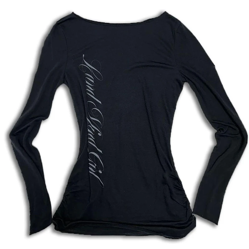 Y2k خمر المرأة البكر Harajuku الملابس عادية ريترو المرقعة رسالة مطبوعة بأكمام طويلة تي شيرت الخريف 90s الملابس اليومية