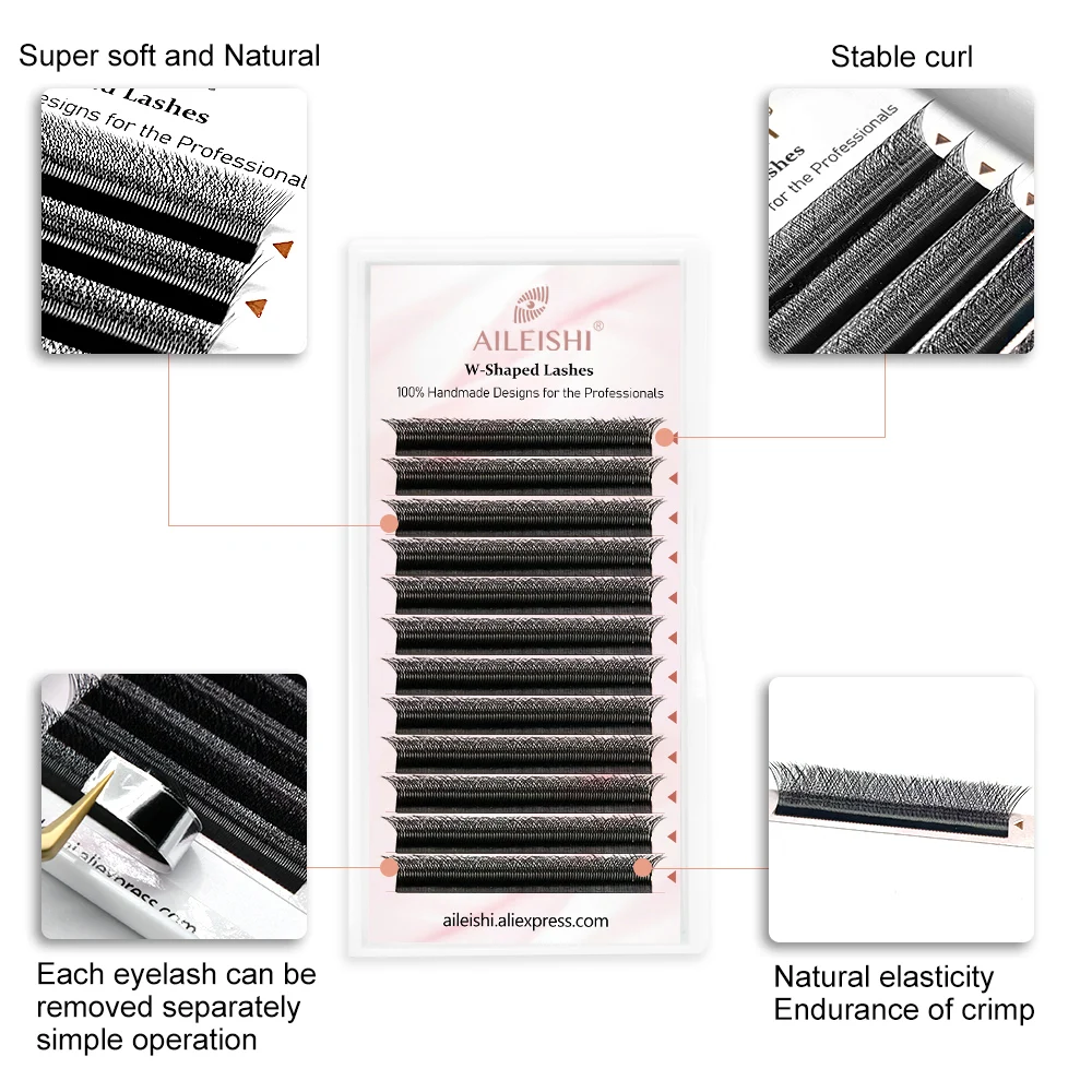 AILEISHI W 모양 속눈썹 연장, 사전 제작 볼륨 팬, W 스타일 인조 속눈썹, 내추럴 메이크업 도구, 도매, 3D, 4D, 5D