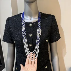 Natural freshwater pearl necklace niche design  long lapis lazuli sweater multi-layer Necklace