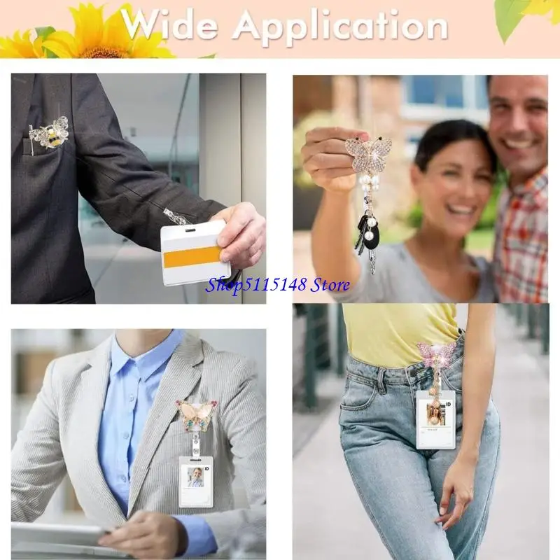 F3MA تمتد 60 سم راينستون راينستون بطاقات معرفات Butterfly Bees Clip Clip Clip Clip Lightweight ABS لمقطع أمان مكان العمل