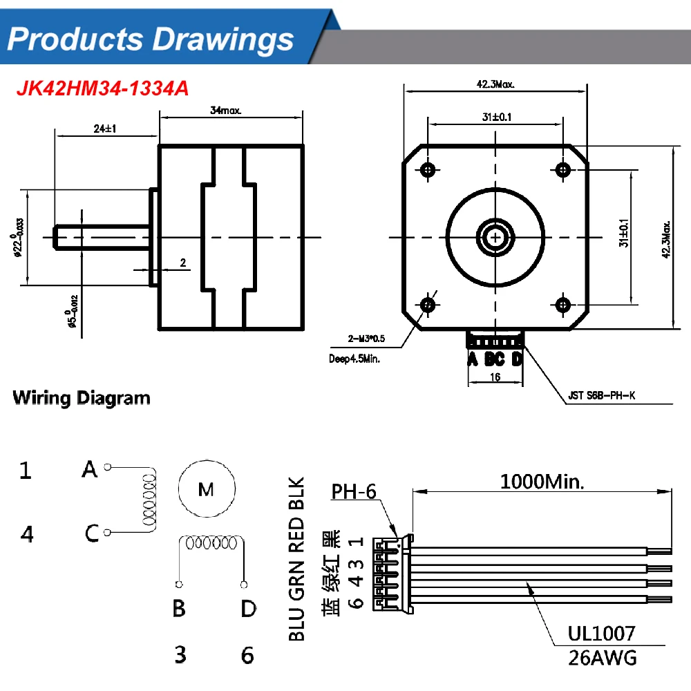 Nema 17 42 Motor 0,9 Grad Stepper Motor 42HM 1,33 A 1,68 A 2.2/3,3 kg.cm 34mm 40mm Stepping Motor 4-blei für CNC 3D Drucker – Detail 6