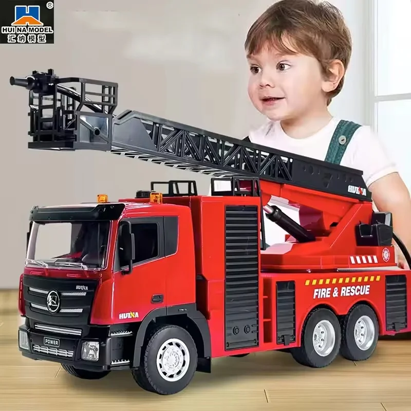 Huina 1361 Big RC Fire Truck 9CH 1/24 Scale Remote Controlled Fire Rescue Car Simulated Ladder Car  Spraying Water Toys Gift