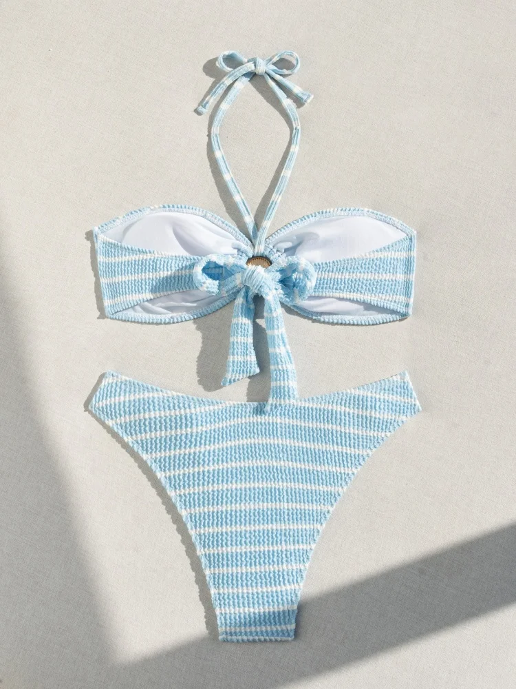 Bikini Women Swimsuit 2025 New Striped Halter Design Bikinis Set Sexy Metal Decoration Swimwear Summer Beach Bathing Suit Female