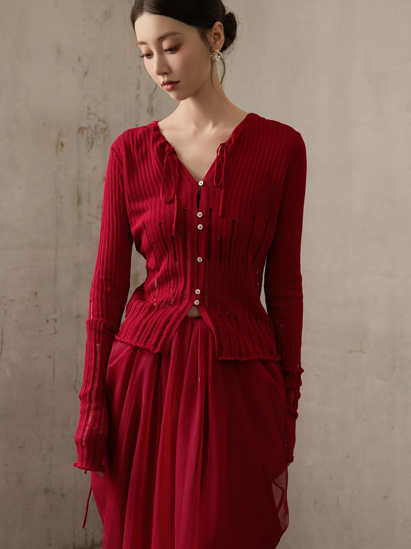 

ONMOON Red Hollow out Long Sve Knitted Sweater Women's Slim Fit Base Layer Open Cardigan Soft V-ne Casual Sle