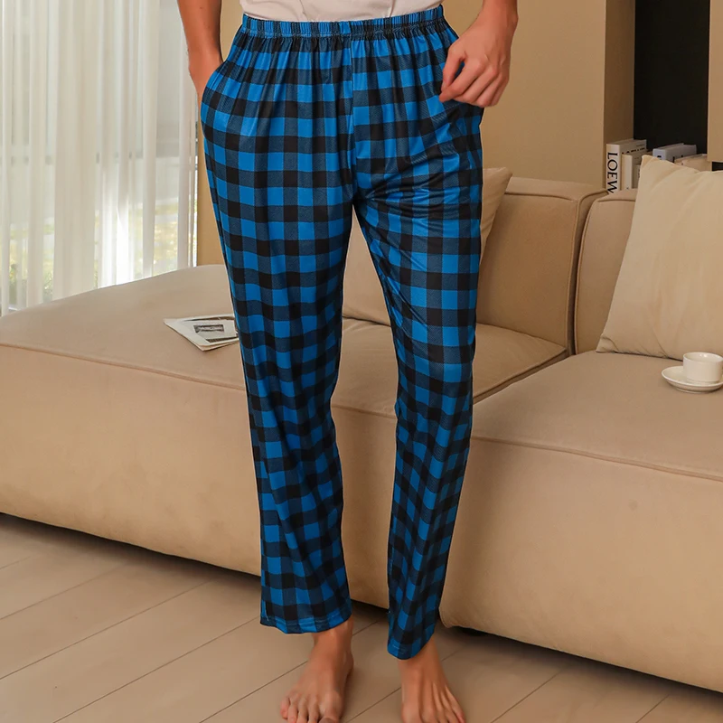 Pijama masculino de primavera e outono com estampa xadrez casual grande e calças finas com bolsos disponíveis em várias cores