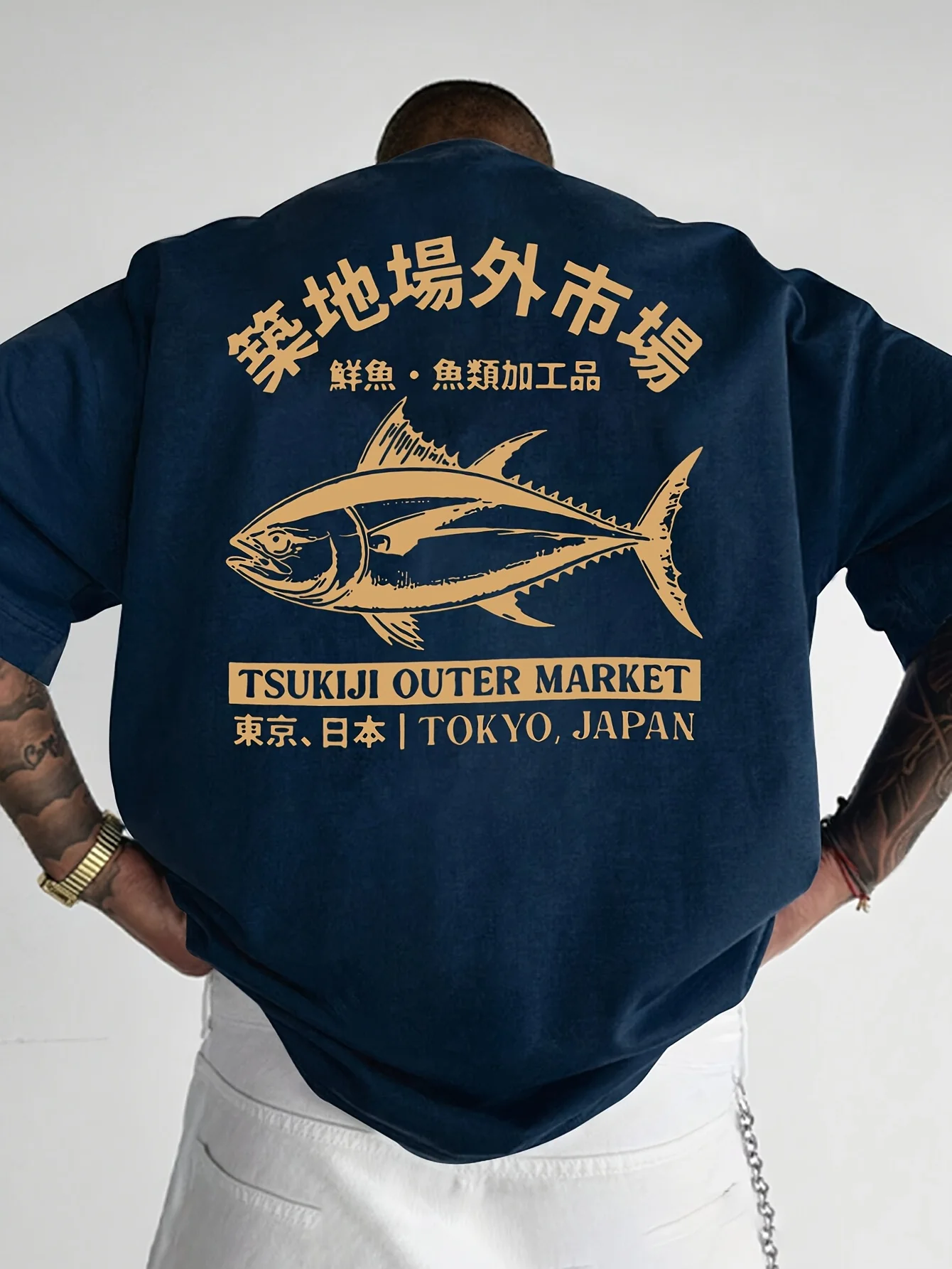 New Model Japanese-Style Tuna Back Large Print Men's 100% Cotton T-Shirt for Summer Outdoor Casual and Sports Wear Short Sleeves