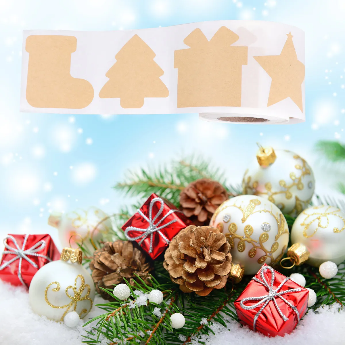 300Pcs Creative Christmas Kraft Paper Stickers Self-Adhesive Sealing Stickers for Candy Bags Gift Wrapping Labels