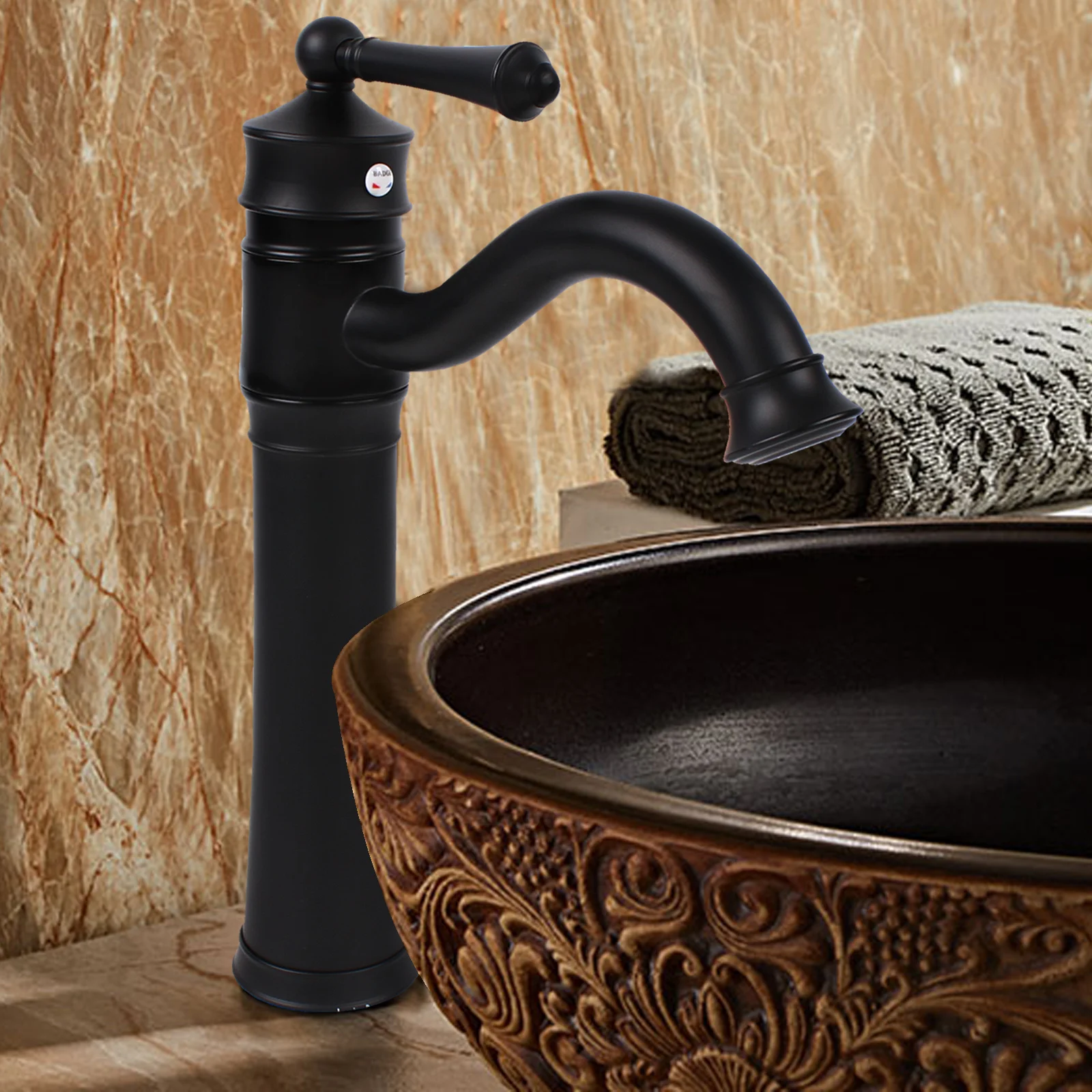 Bathroom Tap Antique Black, Bathroom Black Tap, Retro High Countertop Washbasin Tap, 360° Swivelling Single Lever Basin Tap