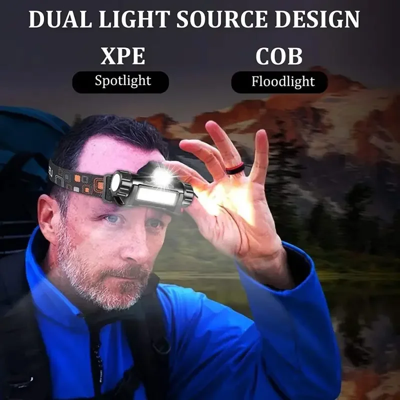 Powerful LED Headlamp XPE+COB Rechargeable Headlight Portable Spotlight Outdoor Waterproof Head Torch Camping Fishing Flashlight
