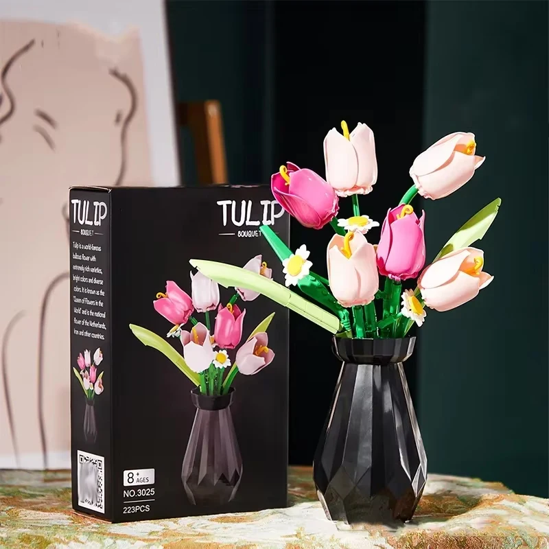 

Rose/Tulips Vase Flower Model Building Blocks Set Home Decoration 3D Bouquet Girls Plant Pots Assembly DIY Bricks Toys Mom Gifts