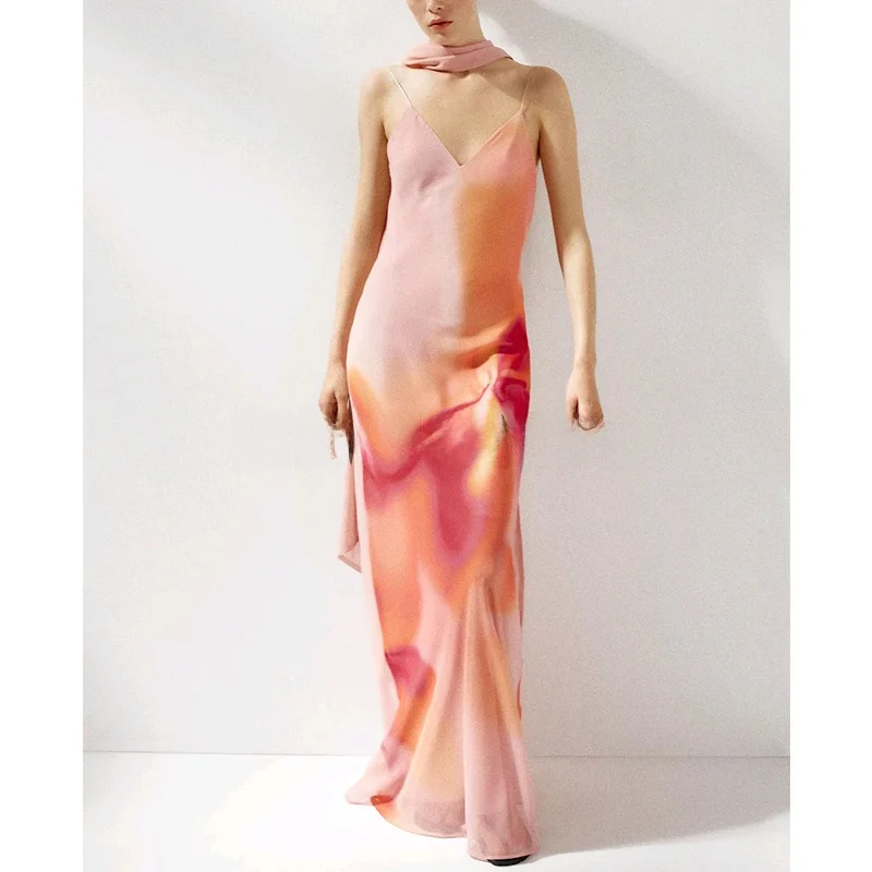 Sommer Neue Damen Bal V-Ausschnitt Svel Print Langer Schal Dr Ele Taillenbesetztes Polyester Maxikleid 803364